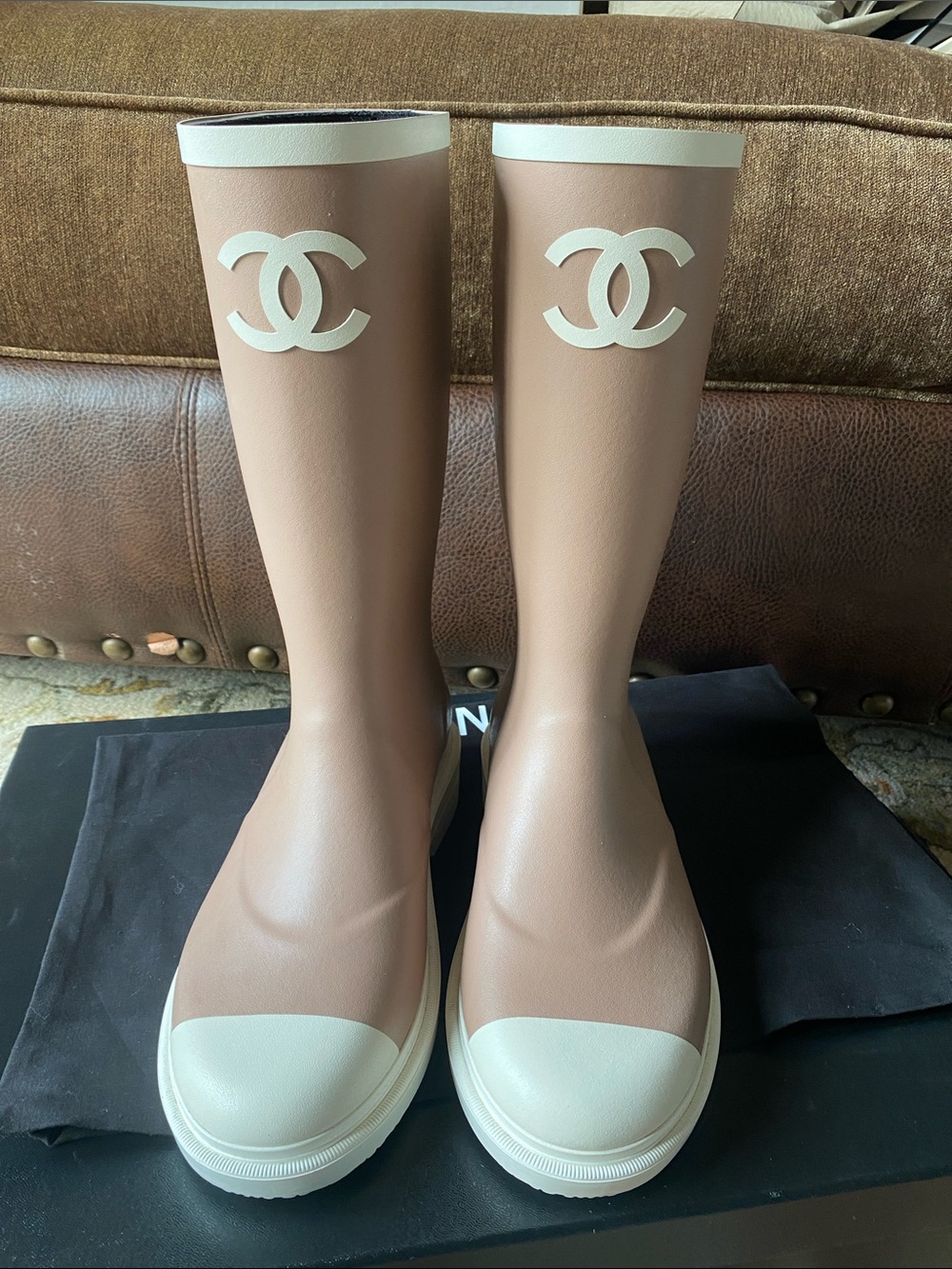 NEW CHANEL Blush Pink and Cream Tall Logo Rain Boots 2025 Collection Size 38